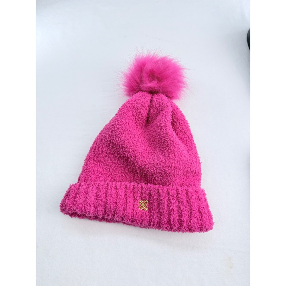 Lilly Pulitzer Hot Pink Plush Knit Beanie Faux Fur Pom Pom Gold Logo Hat 017538